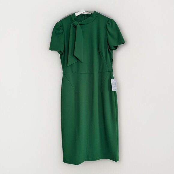 New Maggy London Dress Sz 12 Green FLIGHT ATTENDANT Tie Neck Sheath Retail $138 - Picture 7 of 14